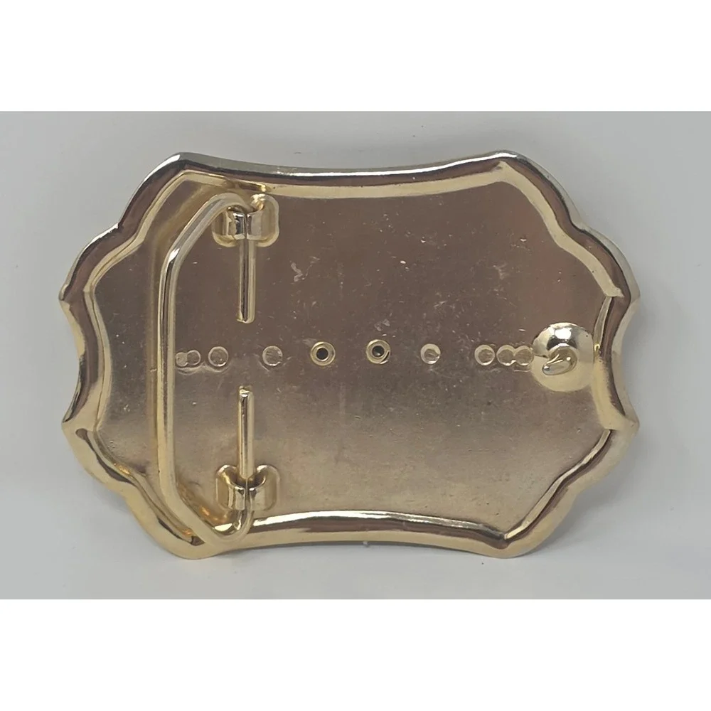 Vintage Western Belt Buckle Two Tone Gold Black Wood-Grain Cabochon Inlay